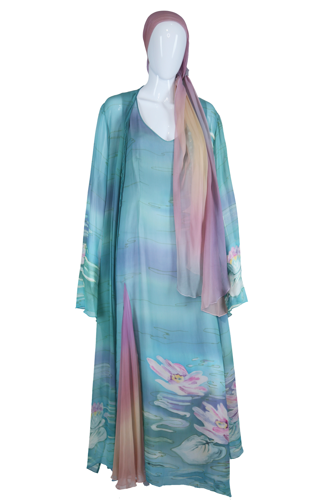 Hand Painted Silk Water Lilies Three Piece Dress Set