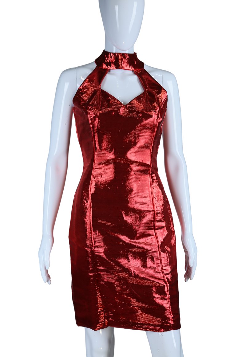 Metallic Lamé Cut-Out Neck Dress