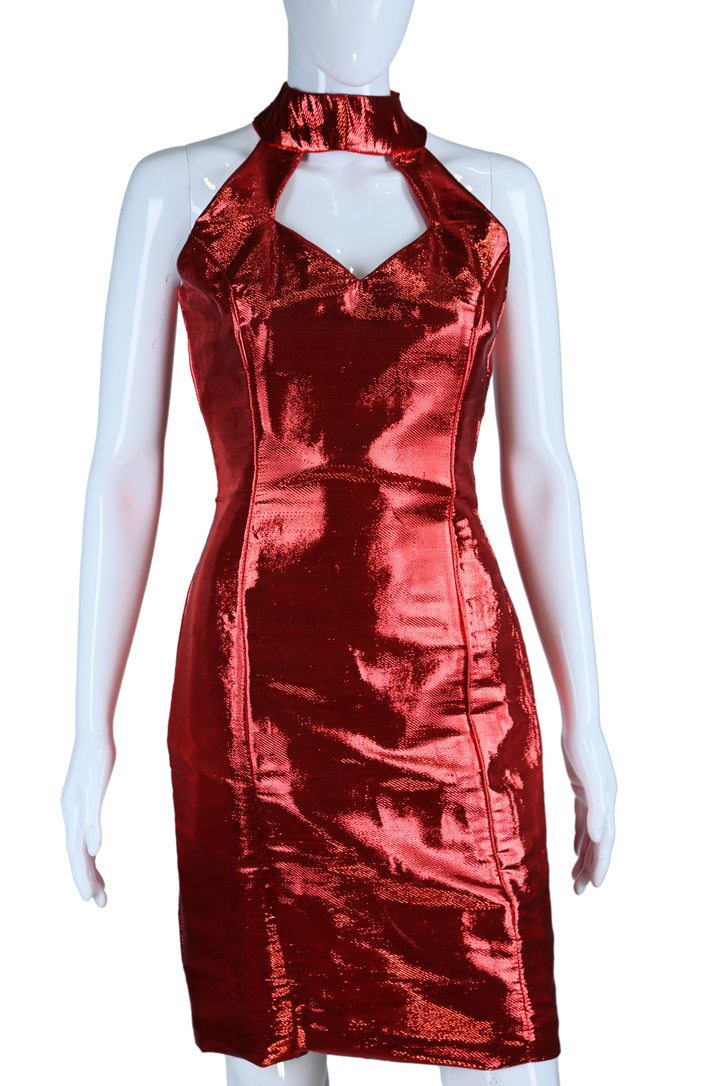 Metallic Lamé Cut-Out Neck Dress