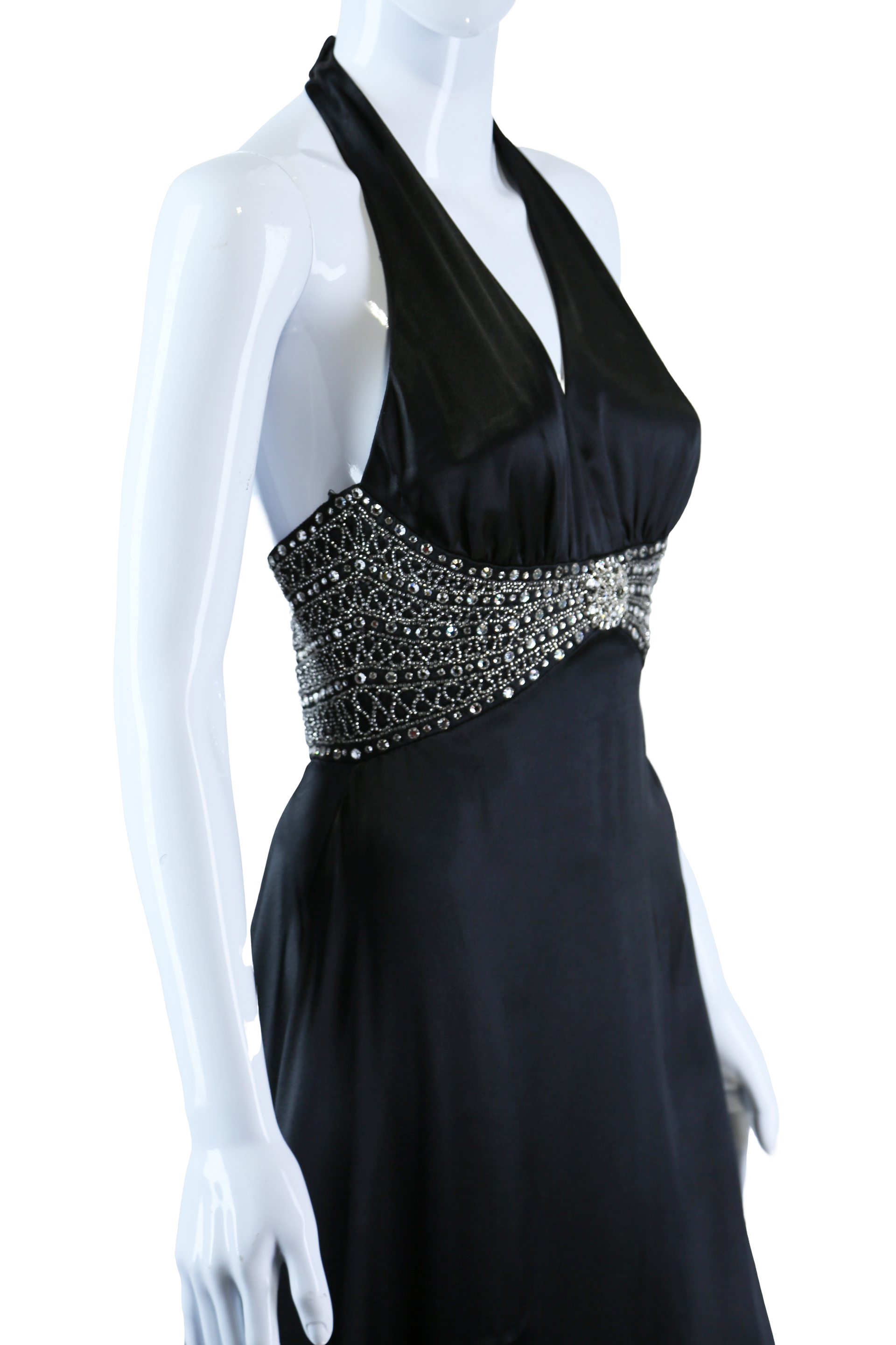 Black Satin Jeweled Waist Maxi Dress - Embers / Cinders Vintage