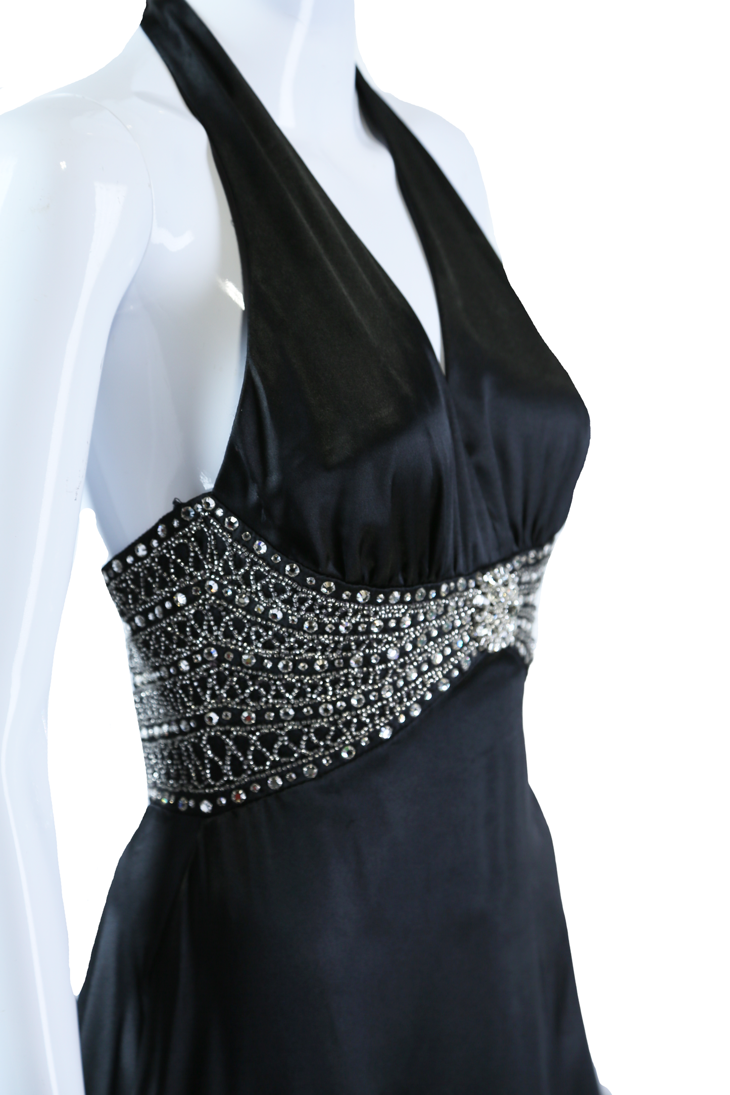 Black Satin Jeweled Waist Maxi Dress - Embers / Cinders Vintage