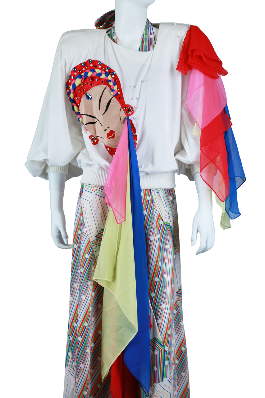 Face Appliqué Top + Cascading Scarves