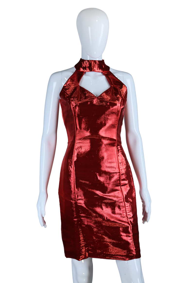 Metallic Lamé Cut-Out Neck Dress