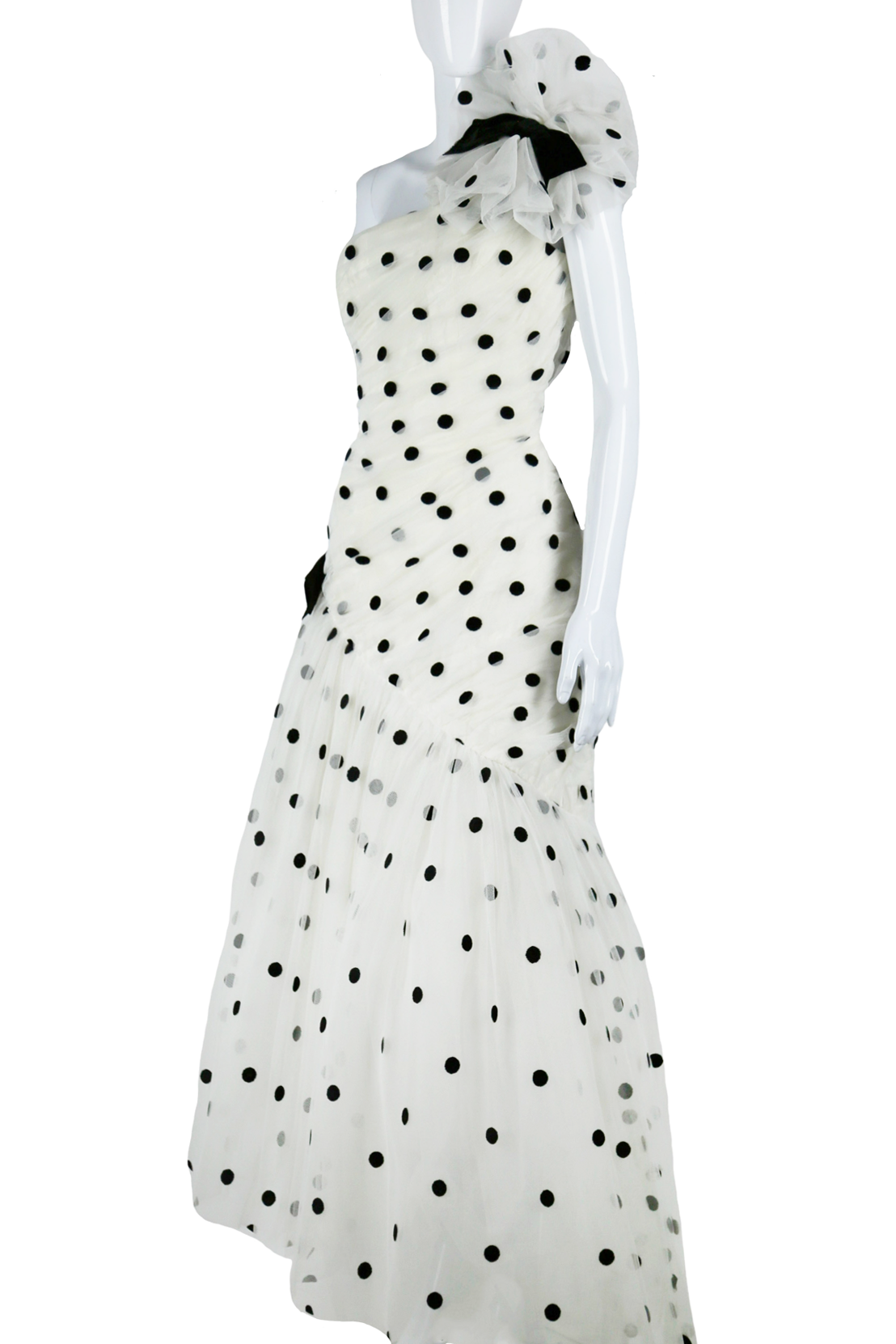 Victor Costa Polka-Dot Tulle Ruffle Polka-Dot Gown